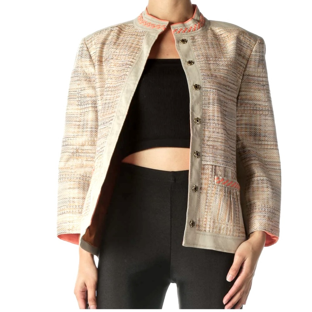 ELIE TAHARI Orange and Tan Tweed Leather Moto Jacket